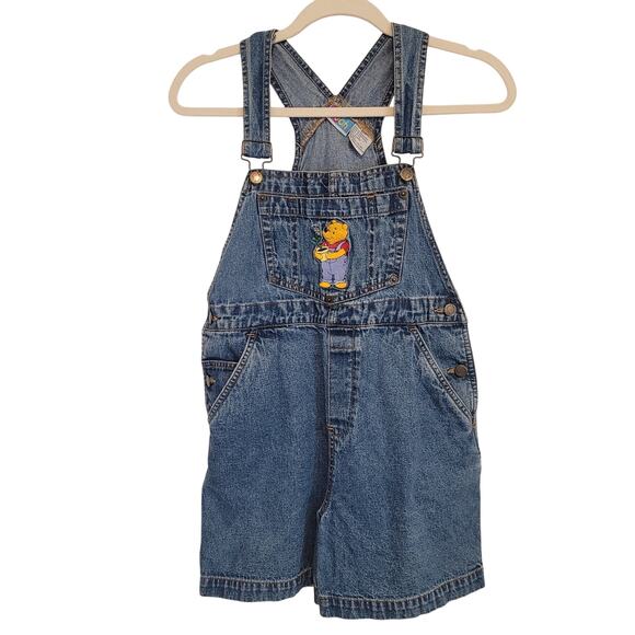 Vintage Disney Winnie the Pooh Denim Shortalls Kids Size S Embroidered Romper - Picture 1 of 11